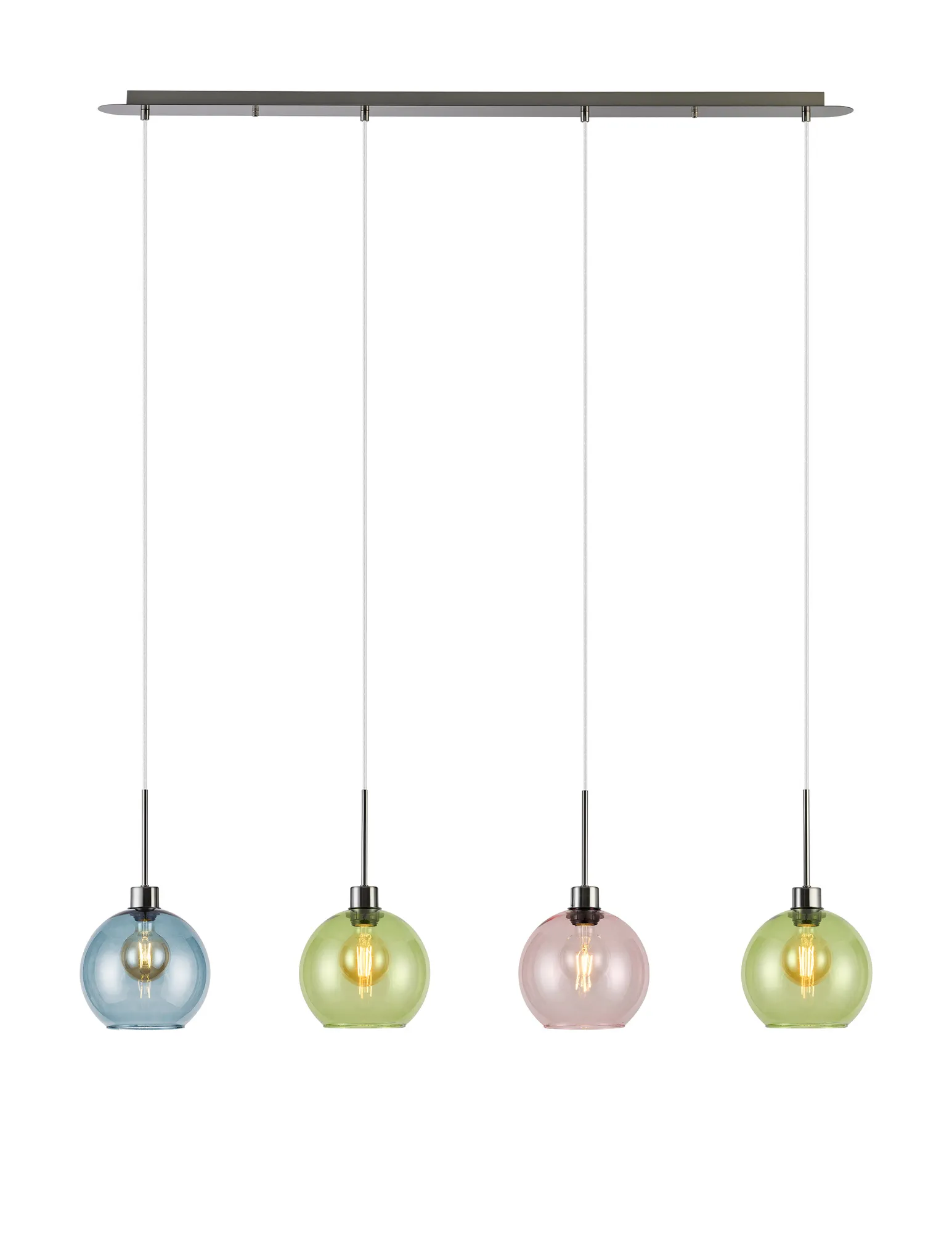 DK1409  Lori Linear Pendant, 4 Light Adjustable E27, Satin Nickel/Blue/Green/Pink Open Mouth Round Globe Shades